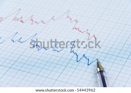 Financial chart shows  a graph in two colors red and blue  made on millimeter paper