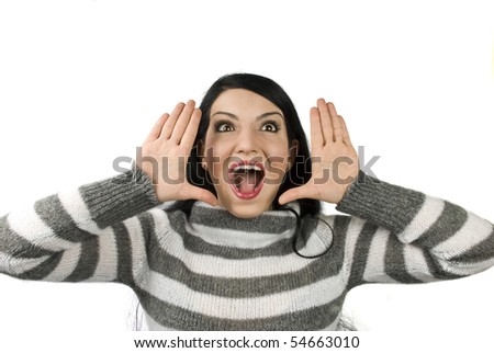 Surprised woman with open mouth and with hands up like she exclaim