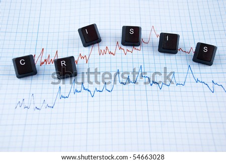Financial crisis chart in two colors and word with letters of computer keyboard