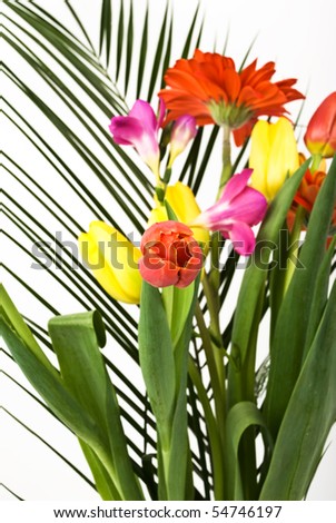 Spring flowers bouquet with tulips red and yellow and gerber on a palm leaf,selective focus on red tulip