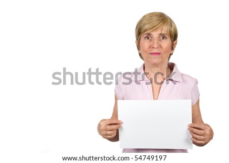 Cute senior woman in pink t shirt holding a blank page isolated on white background ,you can use right part of image for text message also