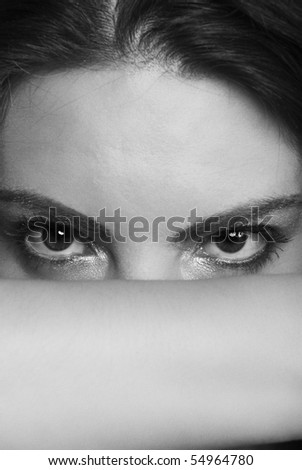 Portrait of beautiful woman eyes close up with white and black balance,she cover her face with hand
