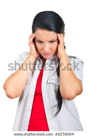 Worried woman  having problems or a headache isolated on white background