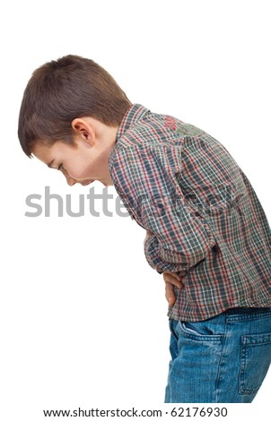 Child standing in profile  having a severe stomach ache and screaming isolated on white background