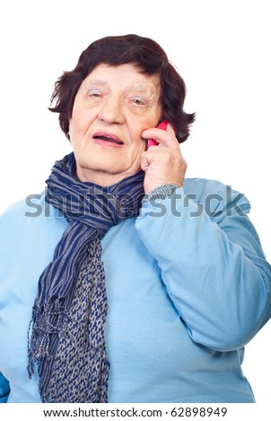 Elderly woman having conversation by phone mobile and hearing surprised news isolated on white background