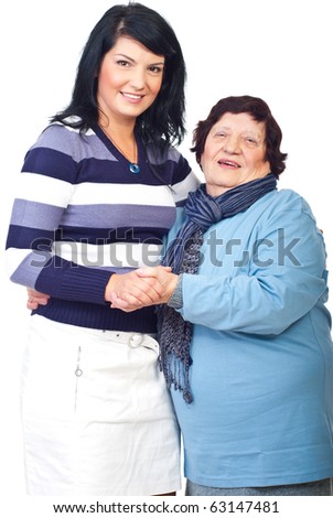 Portrait of happy grandma with her granddaughter holding hands isolated on white background