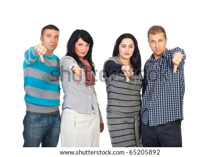 Sad group of people in a row giving thumbs down isolated on white background