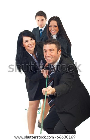 Happy team pulling rope and having fun isolated on white background