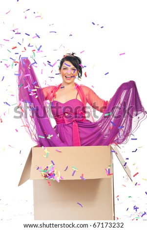 Beautiful laughing woman out of the box  and make a surprise at party