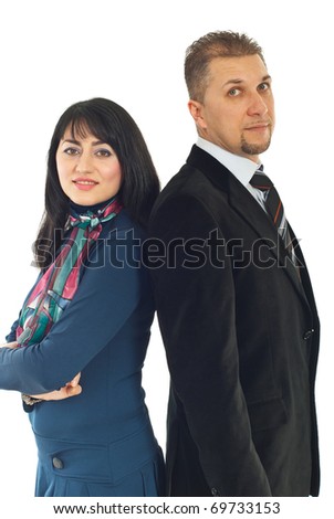Portrait of two business people standing back to back isolated on white background