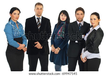 Sad serious five business people standing in a row and looking at camera isolated on white background
