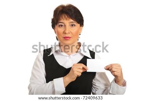 Business mature woman showing blank card isolated on white background