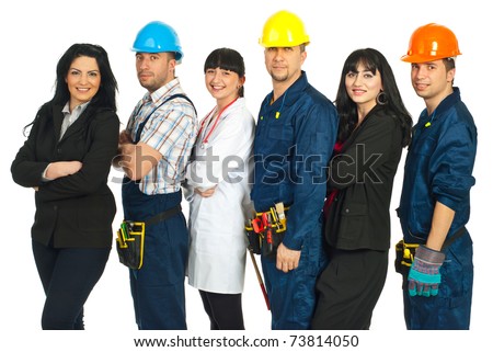 Line of happy six people with different careers isolated on white background