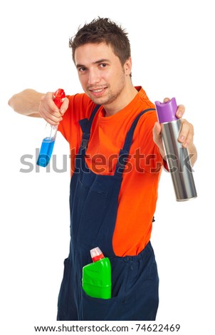 Cheerful worker man  holding cleaning products ready for work  isolated on white background