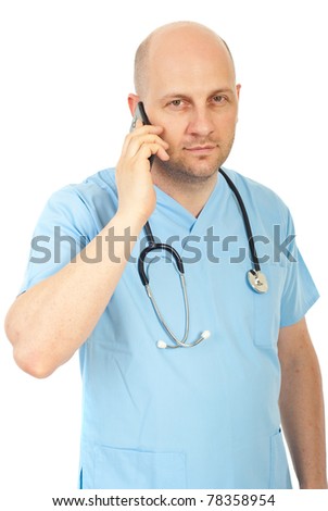 Bald doctor man talking by phone mobile isolated on white background