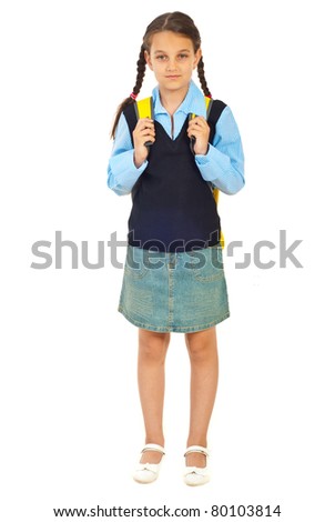 Full length of beauty schoolgirl in first day of school isolated on white background