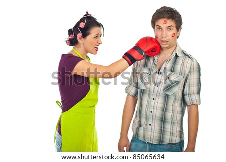 stock photo Crazy wife having conflict with surprised unfaithful husband 