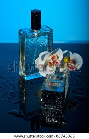 Two bottles perfumes with water drops and orchid flower