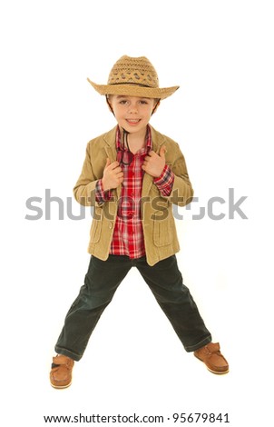 Fashionable child model boy holding hands on jacket and smiling isolated on white background