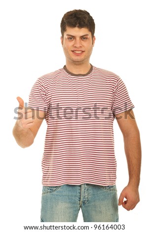 Successful young guy in blank pink stripes t-shirt isolated on white background