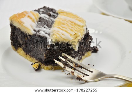 A Piece of Poppy Seed Cake on Plate, missing Bite, close up / Poppy Seed Cake on Plate, missing Bite