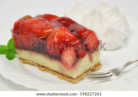 A Piece of Strawberry Pie with Whipped Cream on Plate, isolated on white background, close up / Strawberry Pie with Whipped Cream
