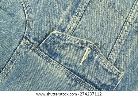 close up of a blue denim jacket with pocket, unbuttoned, macro, detail, full frame, slanted, tilt, horizontal / Denim Jacket, Detail, horizontal