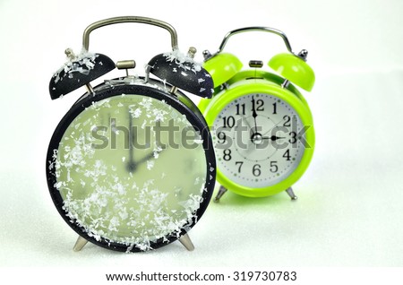 close up of   two retro alarm clocks, black and green, showing winter time and summer time, 2 am, 3 am, horizontal / Clock Change Winter Time