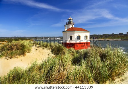 Portrait of the freshly painted Coquille River Lighthouse near Bandon on the Oregon coast.