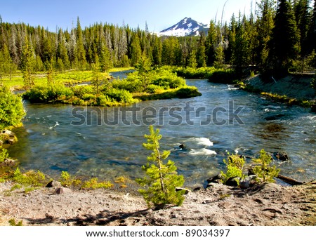 Snow melt stream flowing from the base of a snow capped mountain in the Oregon cascades.