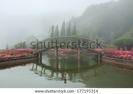 Wooden bridge in flower garden and mist background