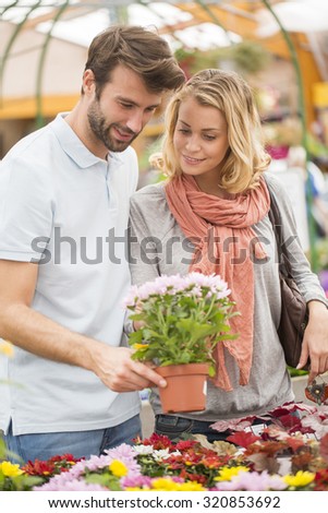 young couple choosing flowers in the garden center