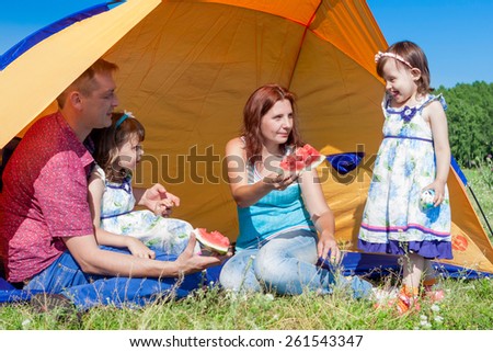outdoor group portrait of happy company having picnic near the t