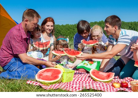 outdoor group portrait of happy company having picnic on green grass in park and enjoying watermelon