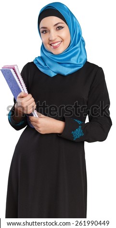 Arab. Happy saudi Arab student holding folders isolated on a white background