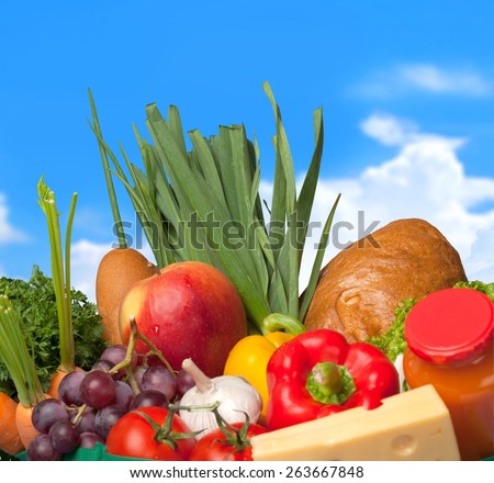 Bag. Healthy foods to buy / studio photography of brown grocery bag with fruits, vegetables, bread, bottled beverages - isolated over white background