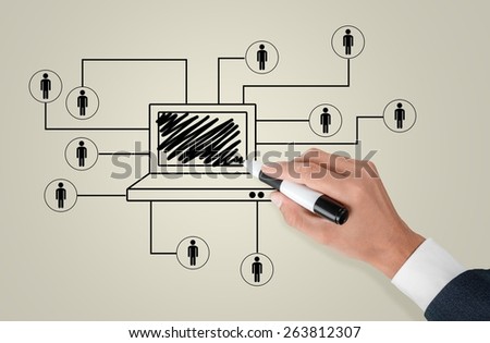 Social. Business man drawing social network