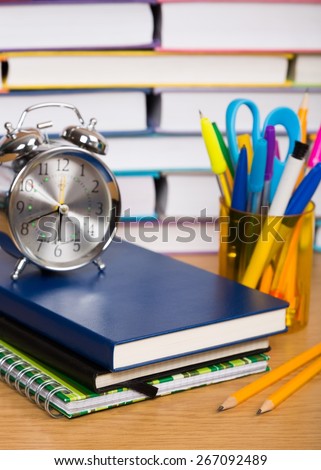 School. Back to school, school books with apple on desk