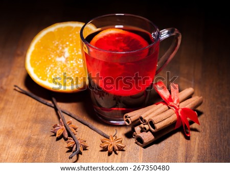Wine. Hot wine for winter and Christmas with delicious orange and spices