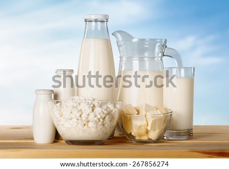 Milk. Dairy products on the sky background.