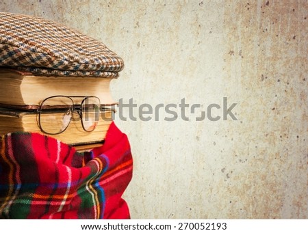 Sleuth. Burlesque image of the detective: books, eyeglasses, a scarf