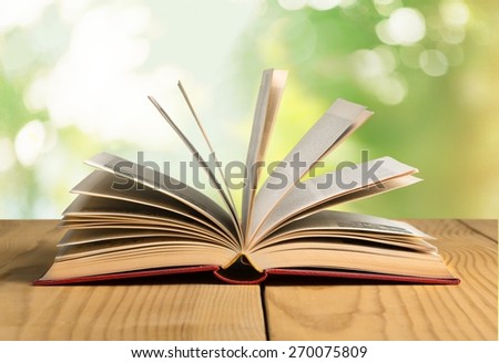 Book. Open book on wood planks over abstract light background