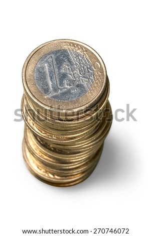 Banking. One Canadian dollar coins stack on white background