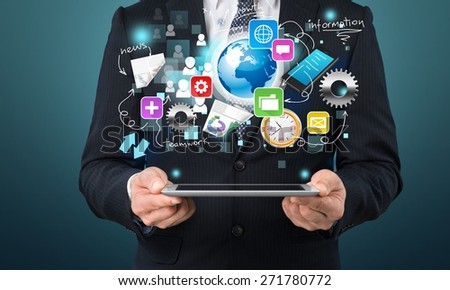 Adult. Portrait of success businessman with laptop showing social business connected