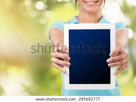 Tablet, holding, woman.