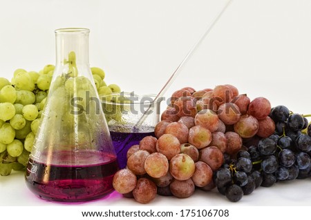 Grape extract in a graduated cylinder and glass with red green and blue grapes in the background