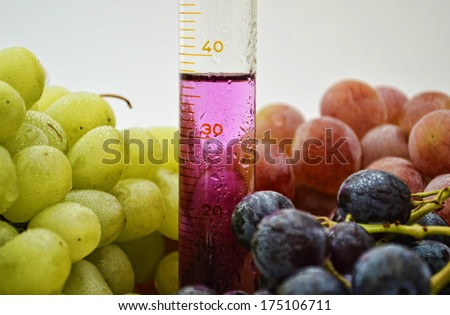 Grape extract in a graduated cylinder with red green and blue grapes in the background