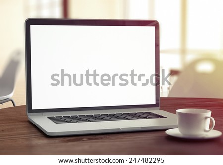 Computer on table. 3D rendering.