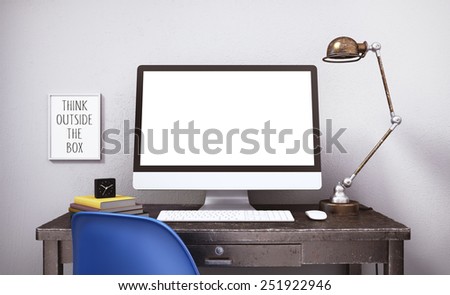 Creative workspace with plastic office chair, retro lamp, books, poster and computer standing on a rusted metal table. 3D rendering