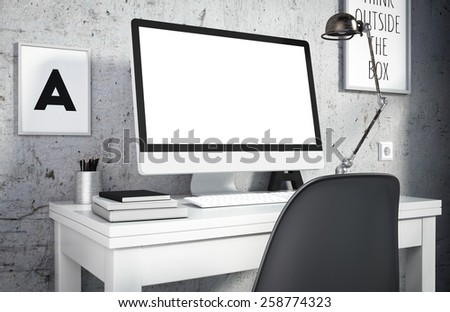 Creative workspace with retro lamp, books, posters and computer standing on a table. 3D rendering